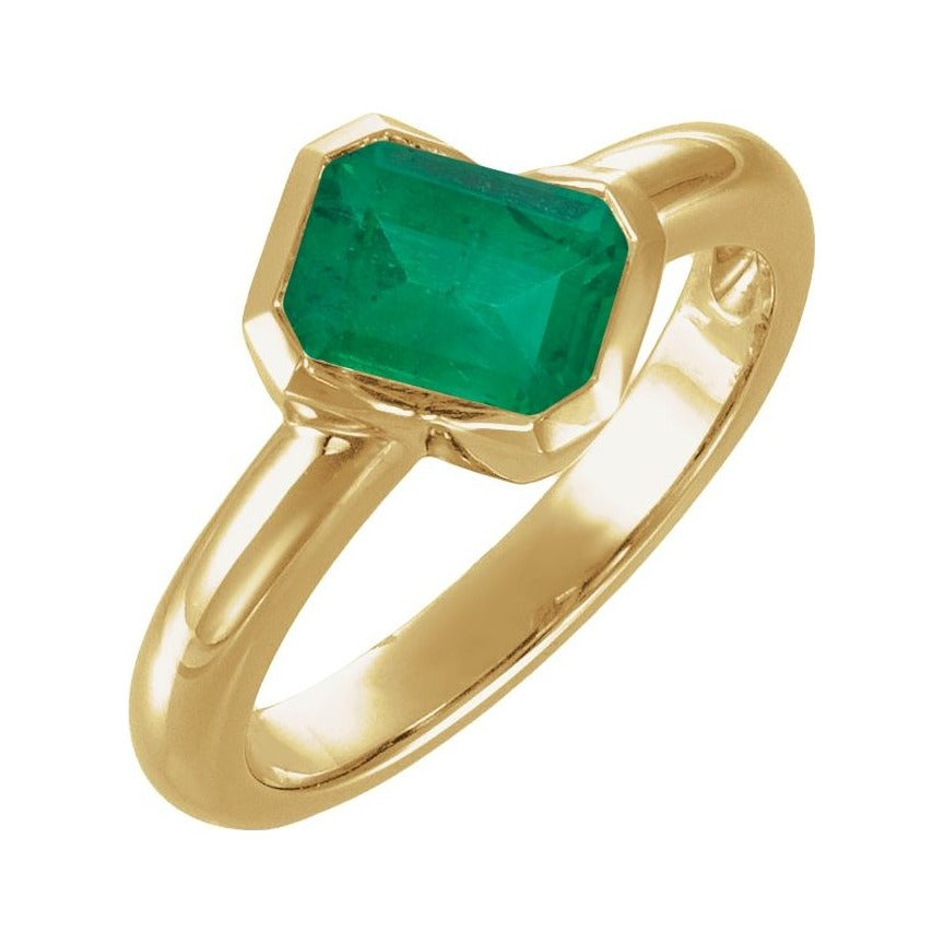 Sapphire Row Lab-Grown Gemstone Half-Bezel Asymmetric Solitaire Ring - Emerald, 14K Yellow Gold