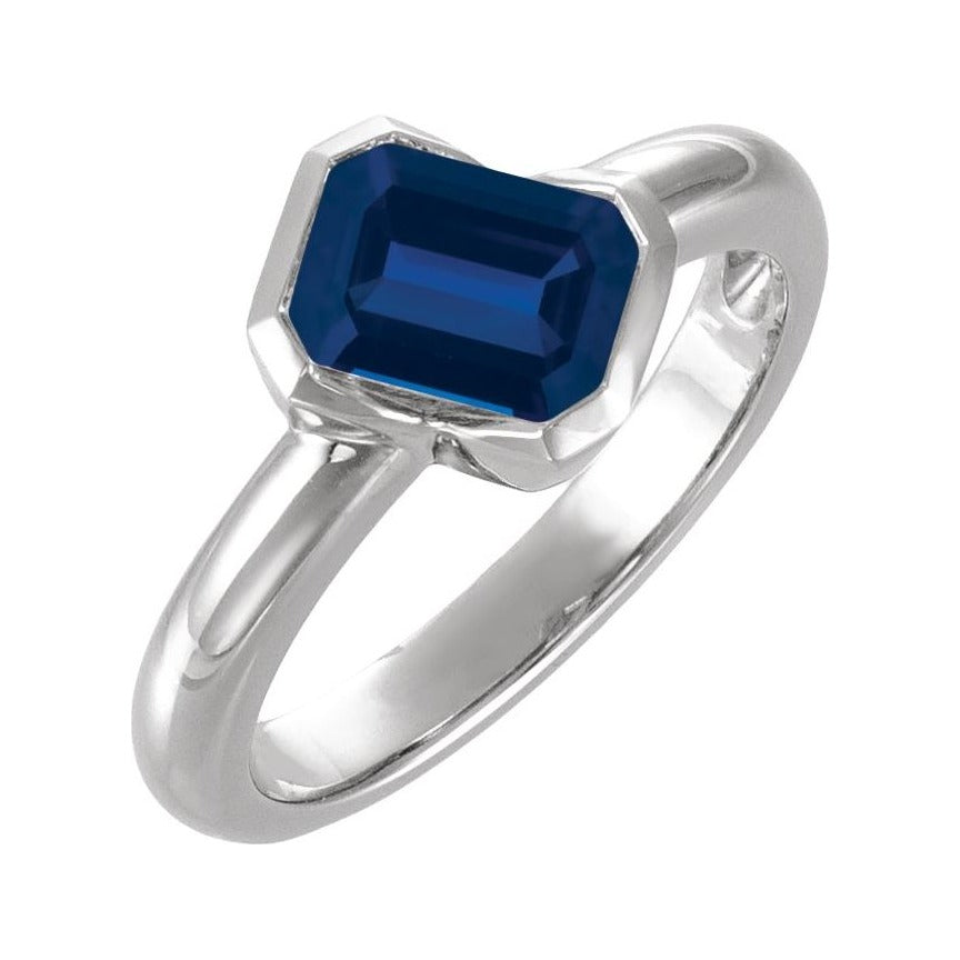 Sapphire Row Lab-Grown Gemstone Half-Bezel Asymmetric Solitaire Ring - Blue Sapphire, 14K White Gold