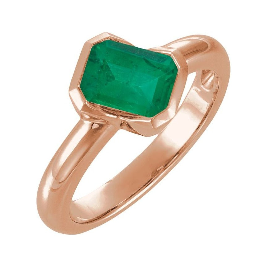 Sapphire Row Lab-Grown Gemstone Half-Bezel Asymmetric Solitaire Ring - Emerald, 14K Rose Gold