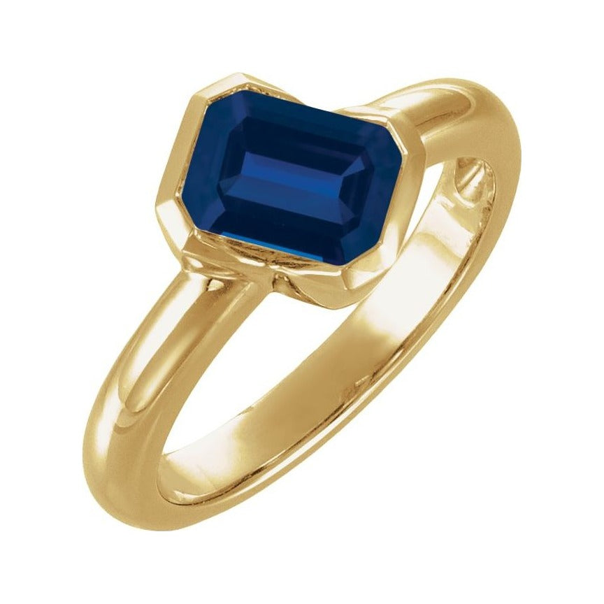 Sapphire Row Lab-Grown Gemstone Half-Bezel Asymmetric Solitaire Ring - Blue Sapphire, 14K Yellow Gold