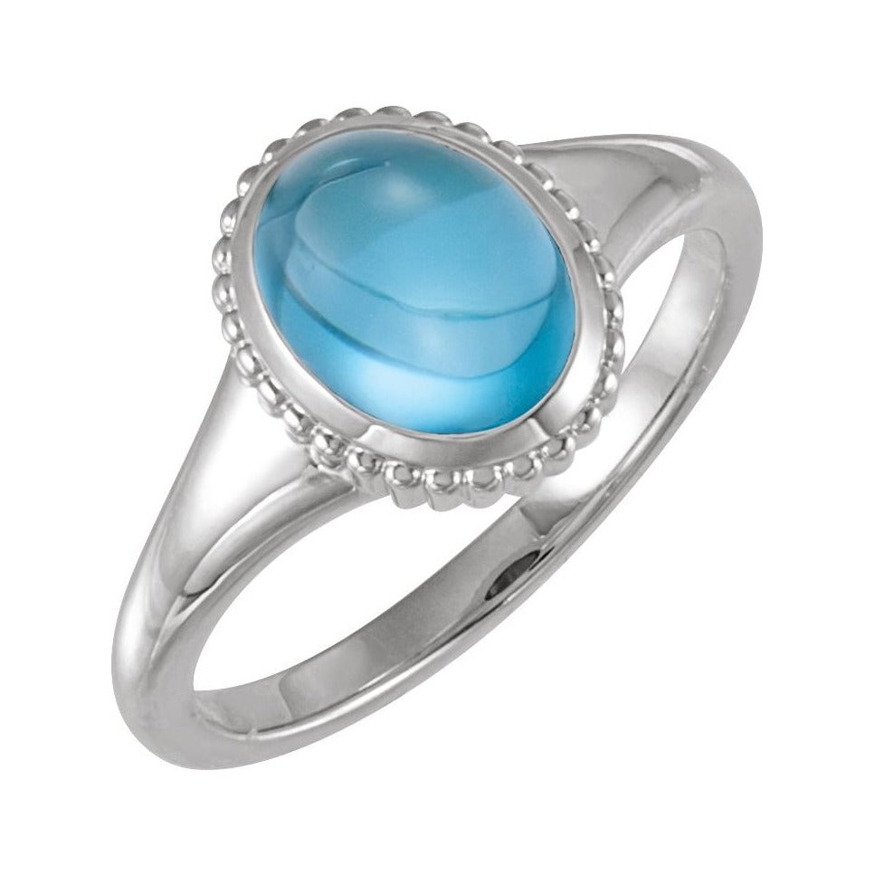 Sapphire Row Natural Gemstone Vintage-Inspired Cabochon Ring - Swiss Blue Topaz, 14K White Gold
