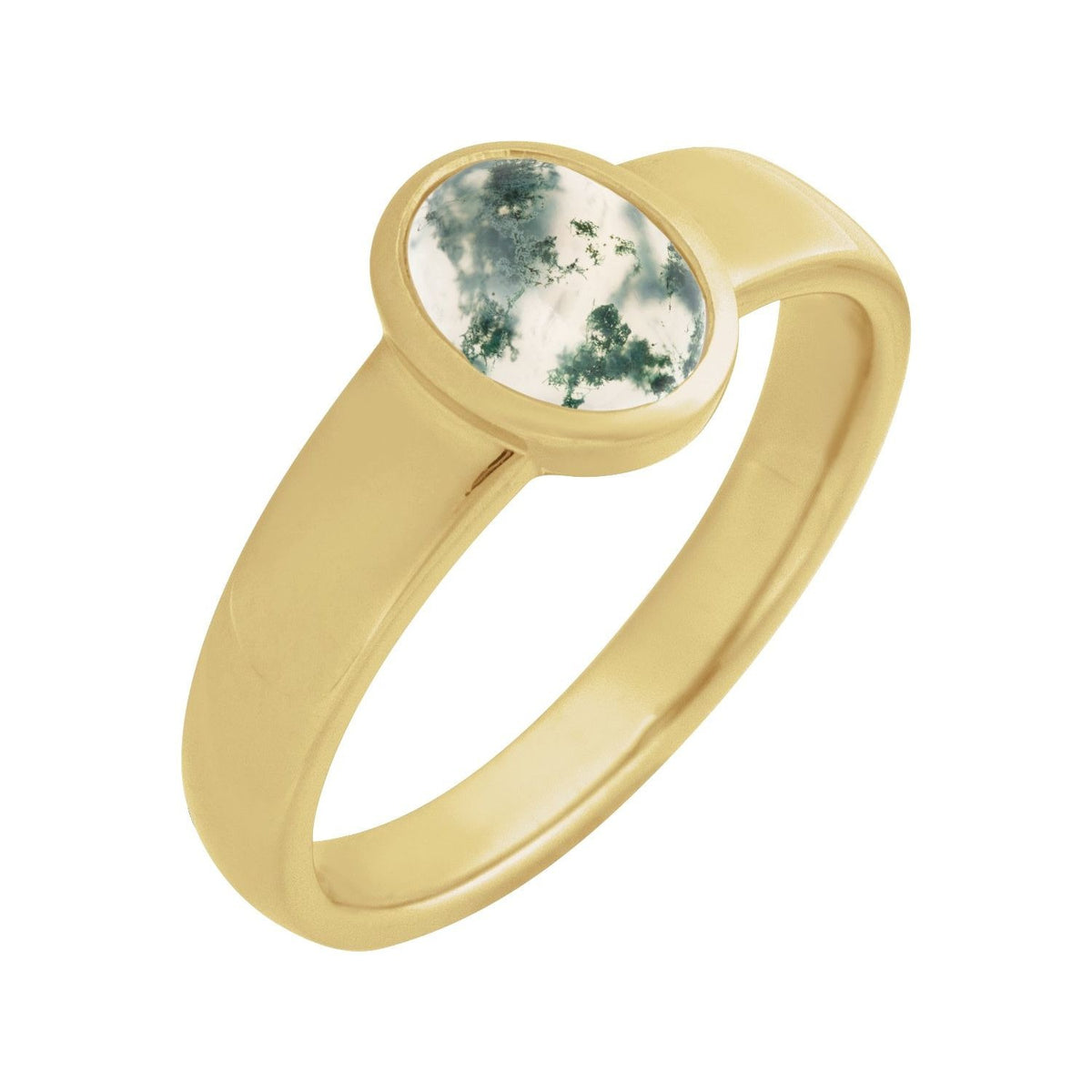 Sapphire Row Natural Gemstone Cabochon Bezel Cigar Ring - Moss Agate, 14K Yellow Gold