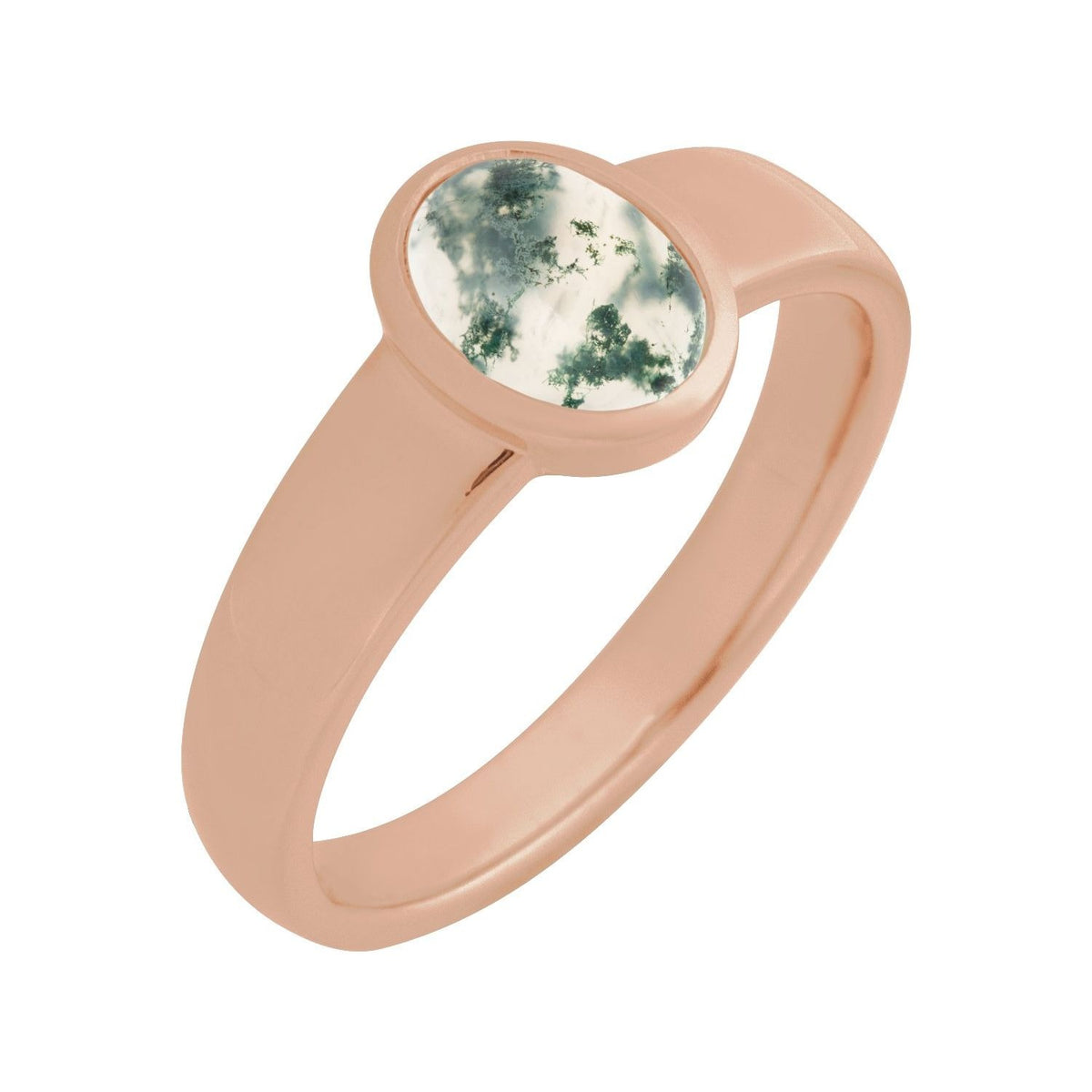 Sapphire Row Natural Gemstone Cabochon Bezel Cigar Ring - Moss Agate, 14K Rose Gold