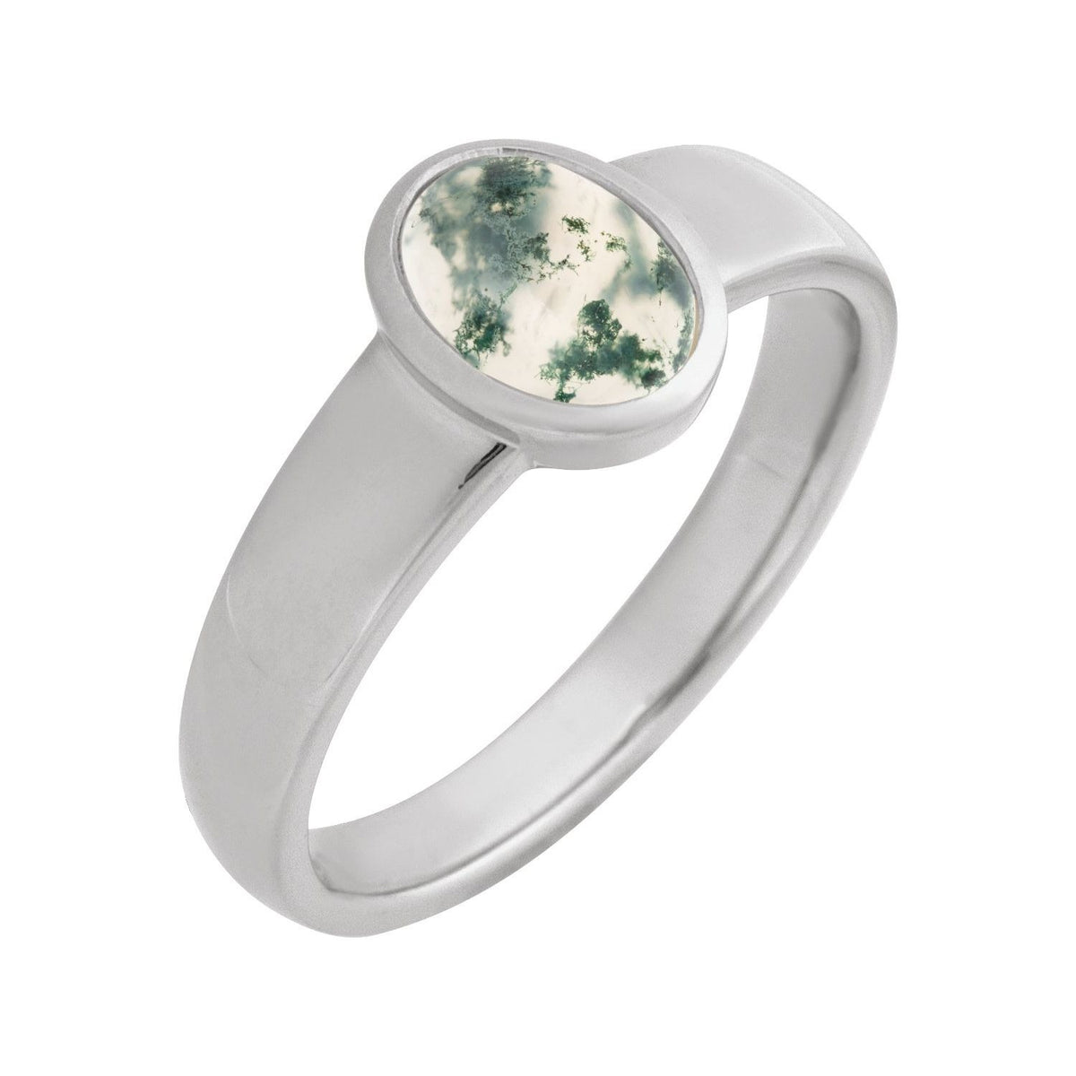 Sapphire Row Natural Gemstone Cabochon Bezel Cigar Ring - Moss Agate, Platinum