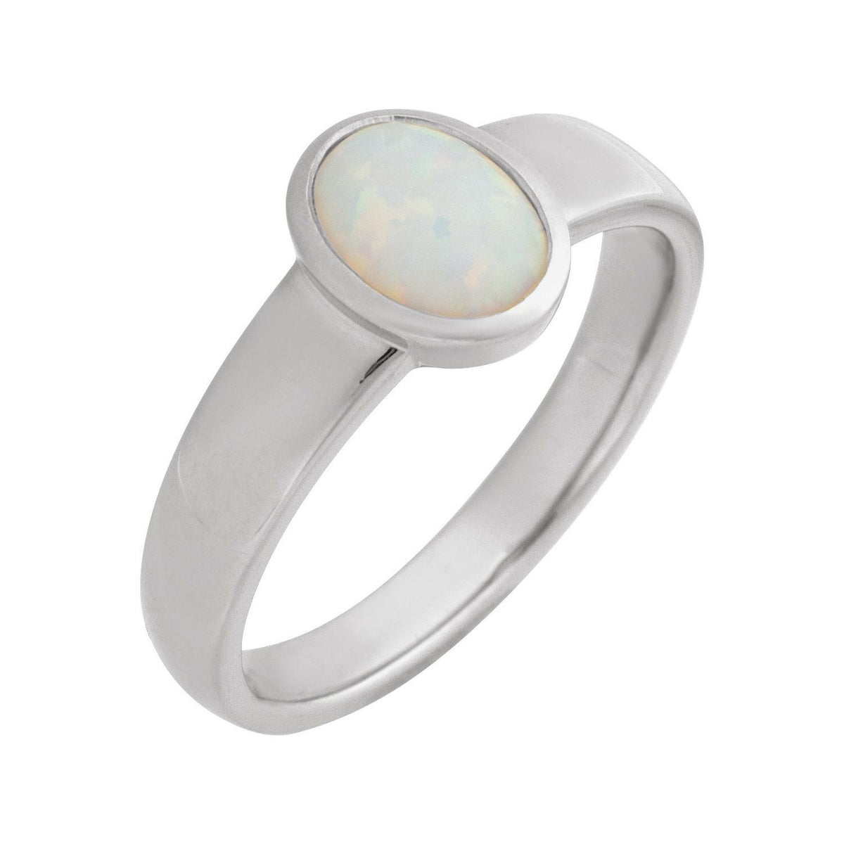 Sapphire Row Lab-Grown Gemstone Cabochon Bezel Cigar Ring - White Opal, 14K White Gold