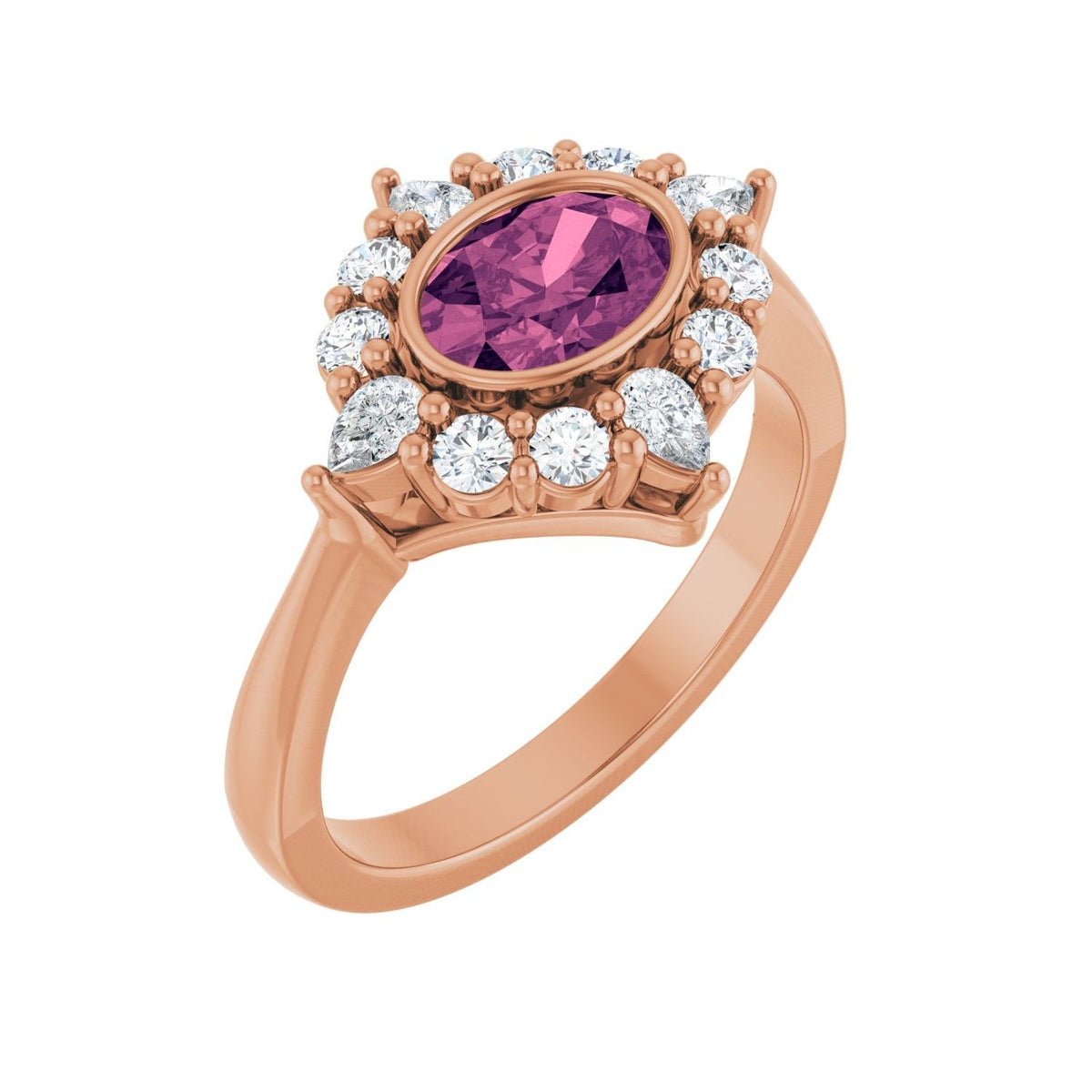 Sapphire Row Natural Gemstone Starburst Halo Ring - Pink Tourmaline, 14K Rose Gold