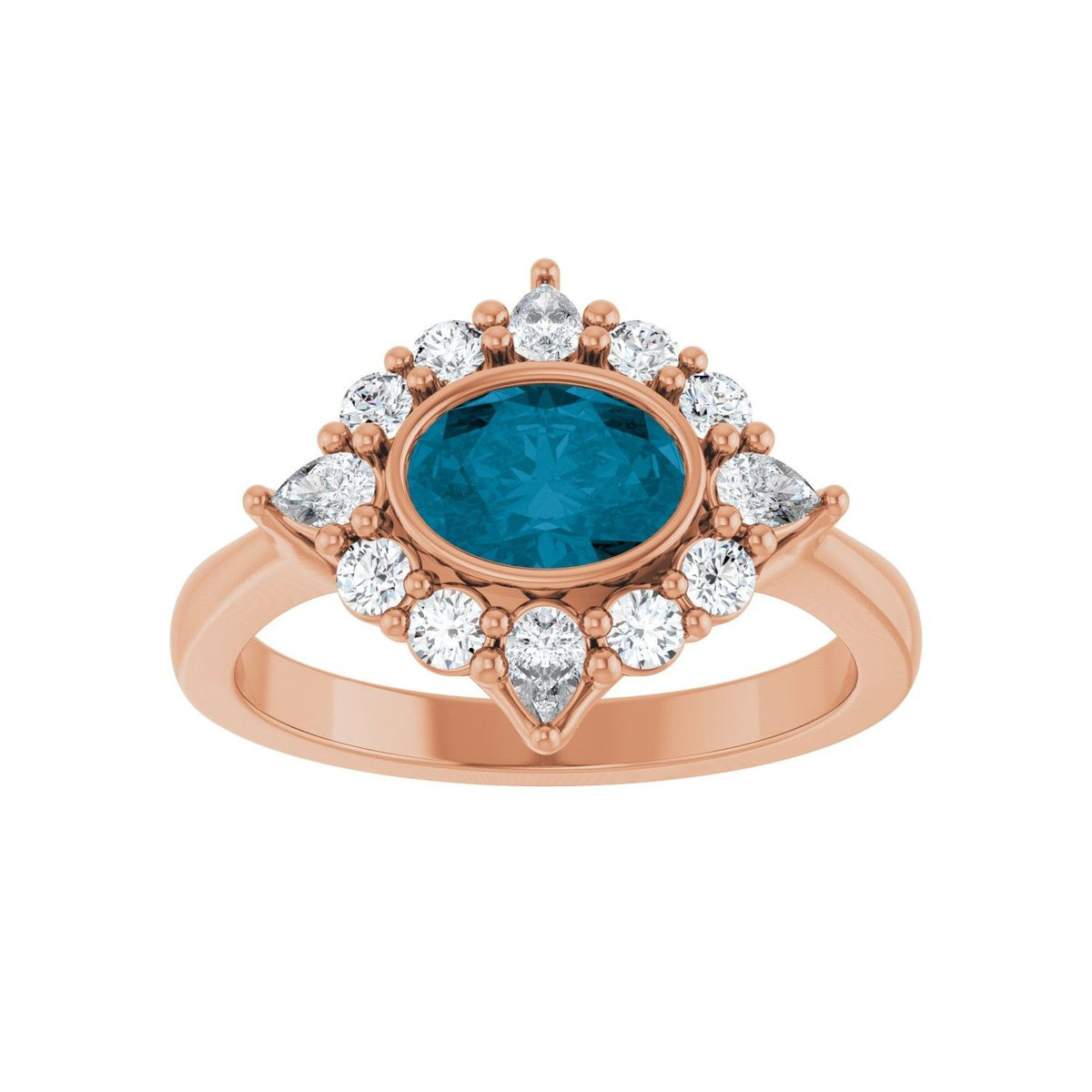 Sapphire Row Natural Gemstone Starburst Halo Ring - London Blue Topaz, 14K Rose Gold (view 3)