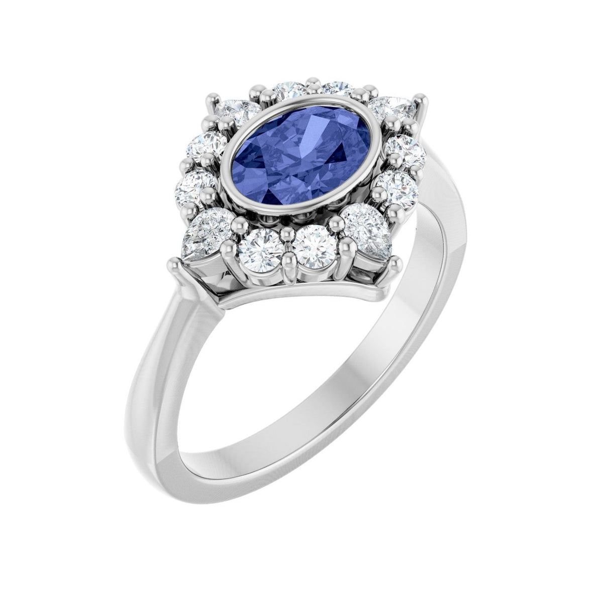Sapphire Row Natural Gemstone Starburst Halo Ring - Tanzanite, 14K White Gold