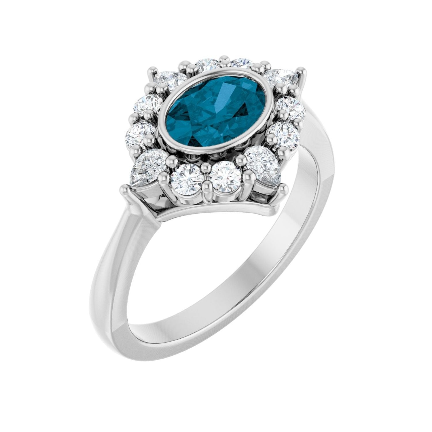 Sapphire Row Natural Gemstone Starburst Halo Ring - London Blue Topaz, 14K White Gold
