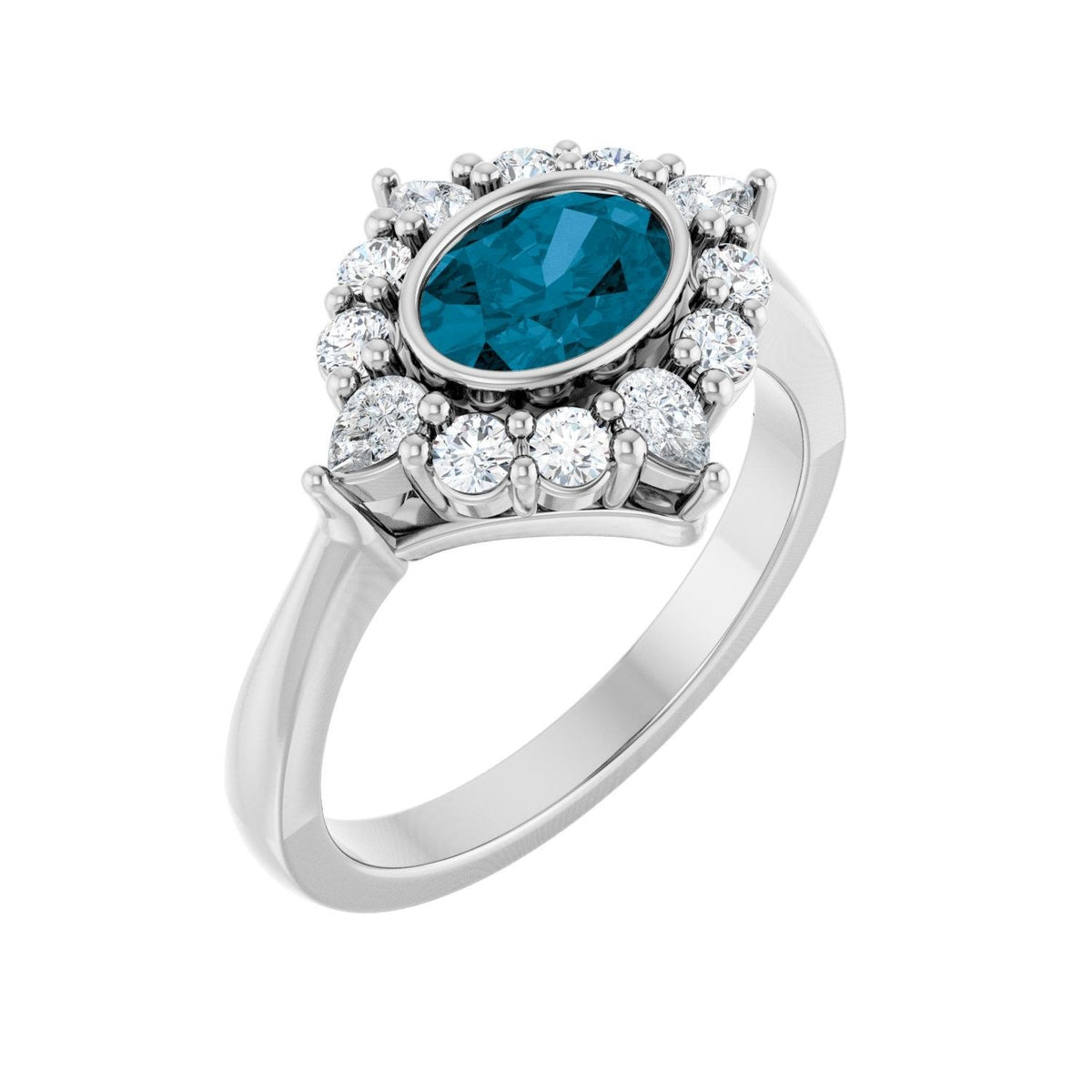 Sapphire Row Natural Gemstone Starburst Halo Ring - London Blue Topaz, 14K White Gold