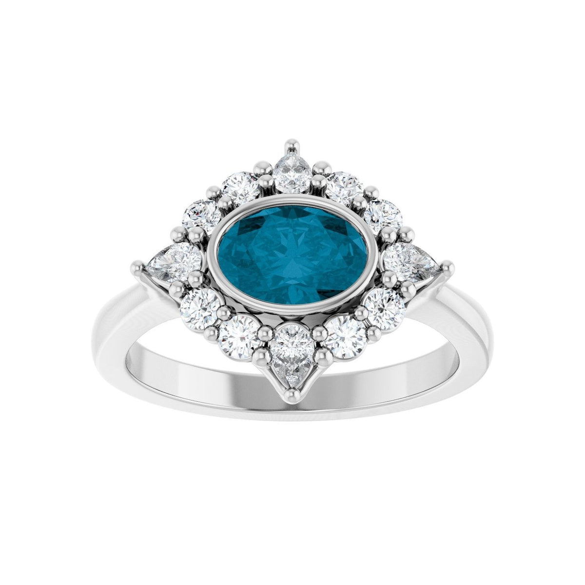 Sapphire Row Natural Gemstone Starburst Halo Ring - London Blue Topaz, 14K White Gold (view 3)
