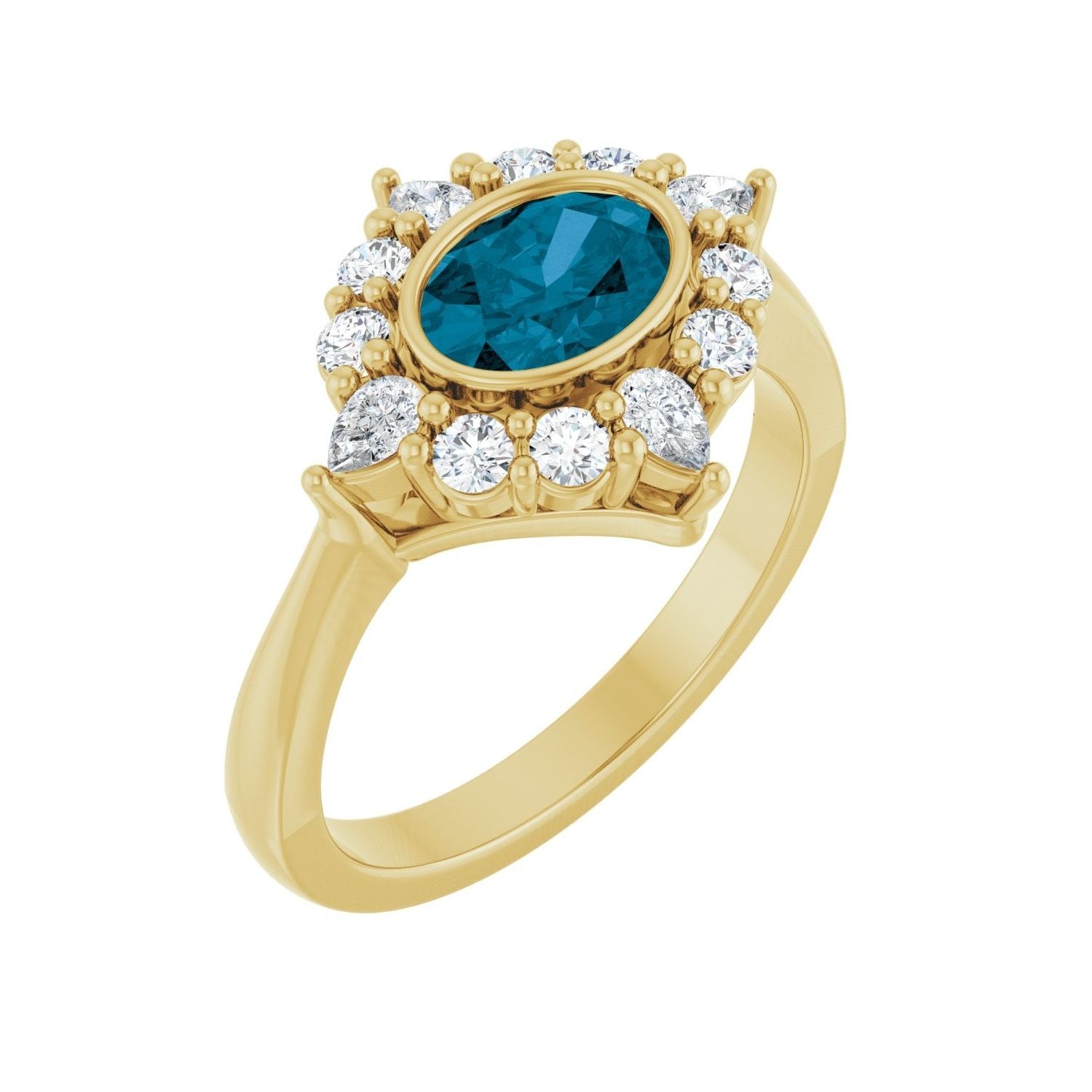 Sapphire Row Natural Gemstone Starburst Halo Ring - London Blue Topaz, 14K Yellow Gold