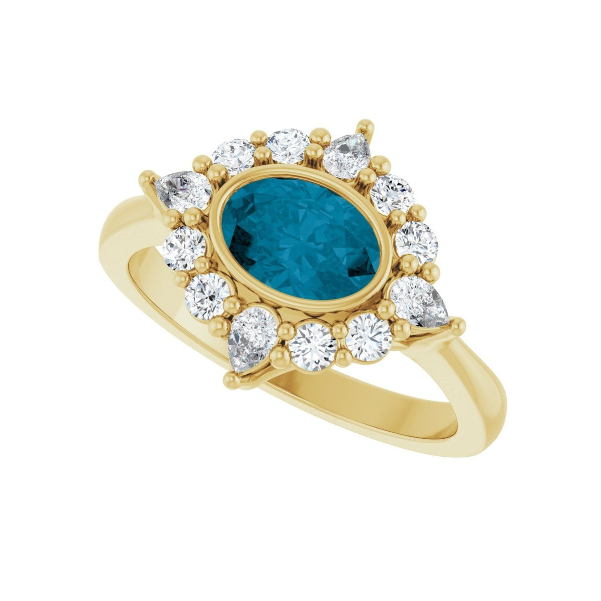 Sapphire Row Natural Gemstone Starburst Halo Ring - London Blue Topaz, 14K Yellow Gold (view 5)
