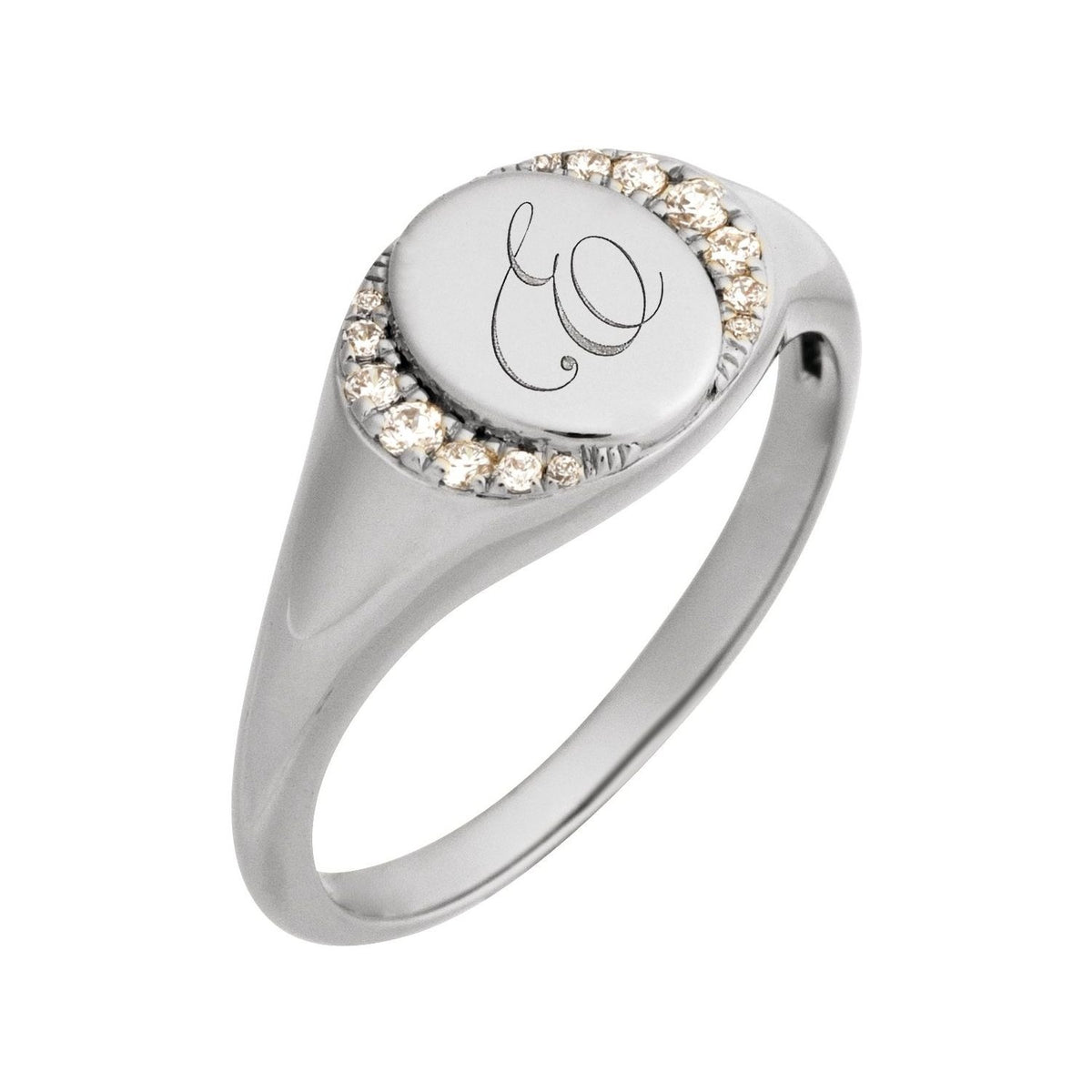 Sapphire Row Engravable Natural Diamond Accented Signet Ring - 14K White Gold (view 5)