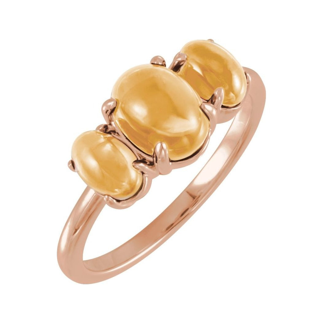 Sapphire Row Natural Gemstone Cabochon Trio Ring - Citrine, 14K Rose Gold
