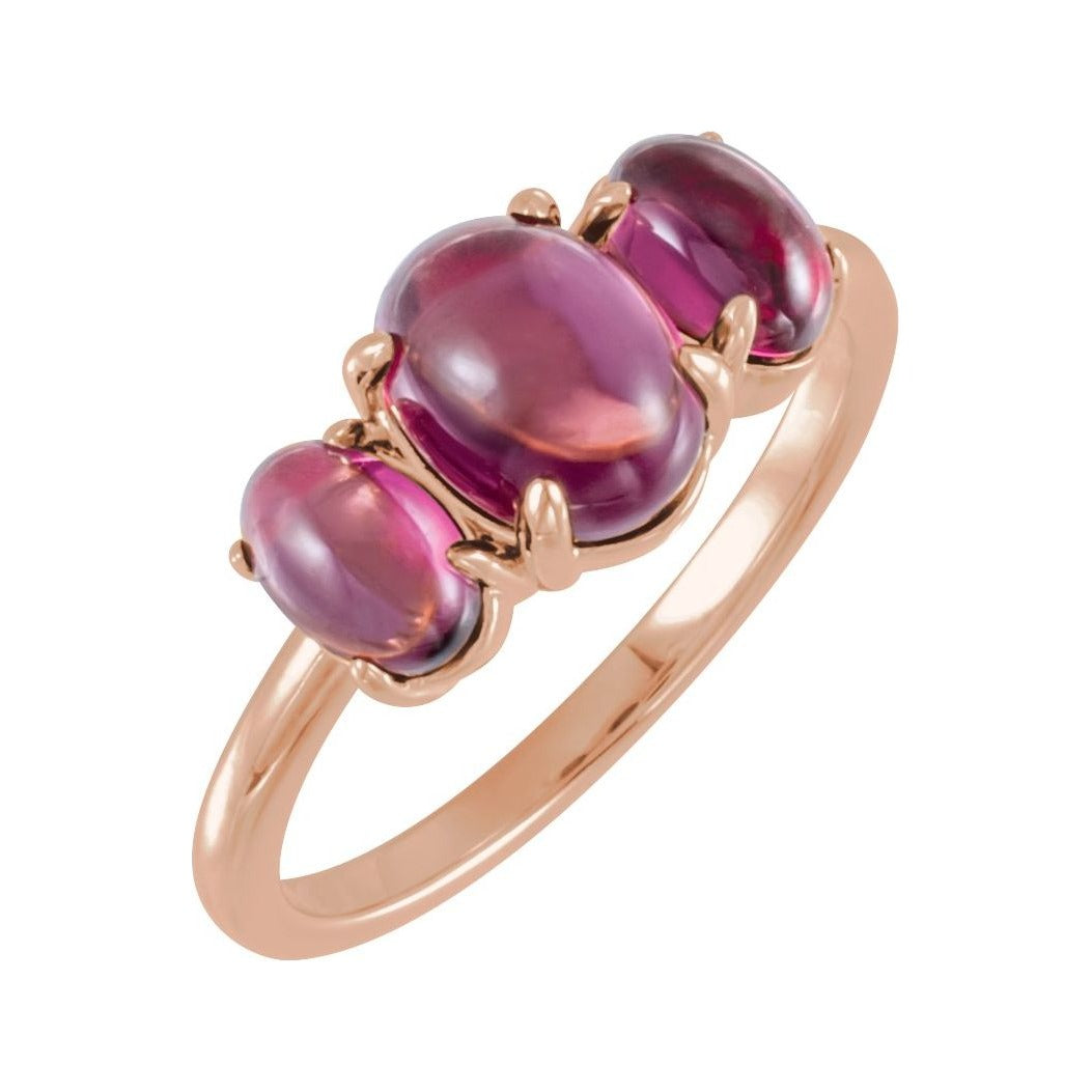 Sapphire Row Natural Gemstone Cabochon Trio Ring - Rhodolite Garnet, 14K Rose Gold