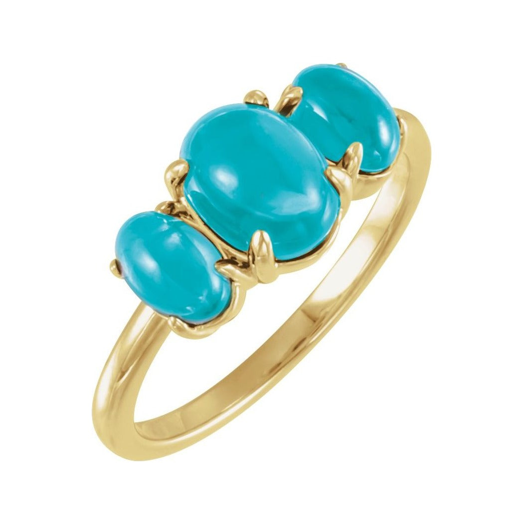 Sapphire Row Natural Gemstone Cabochon Trio Ring - Turquoise, 14K Yellow Gold