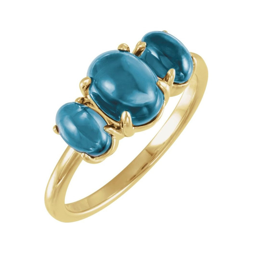 Sapphire Row Natural Gemstone Cabochon Trio Ring - London Blue Topaz, 14K Yellow Gold