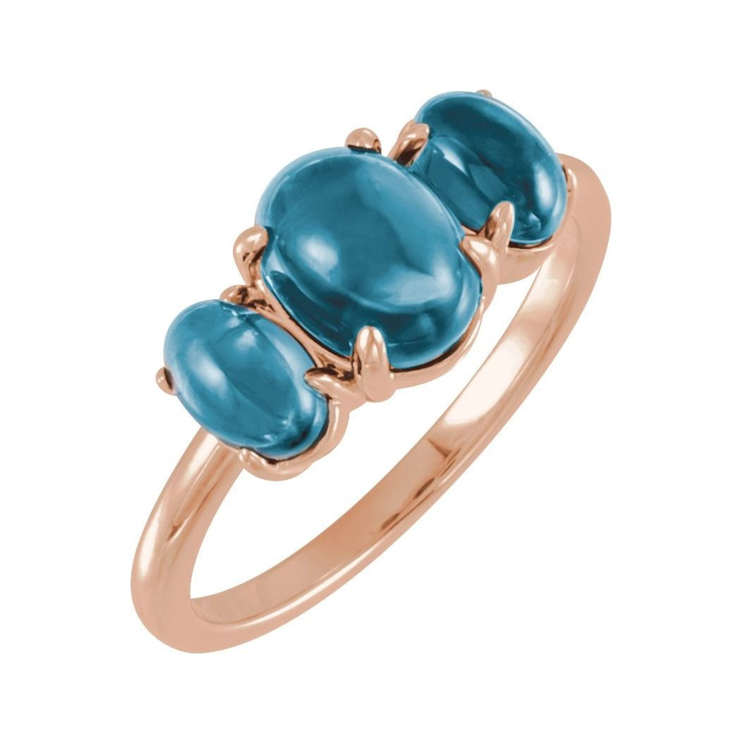 Sapphire Row Natural Gemstone Cabochon Trio Ring - London Blue Topaz, 14K Rose Gold