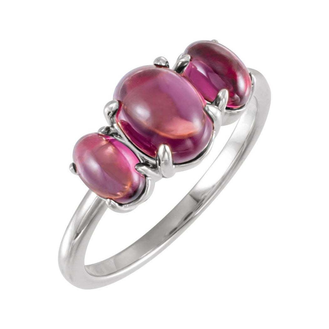 Sapphire Row Natural Gemstone Cabochon Trio Ring - Rhodolite Garnet, 14K White Gold
