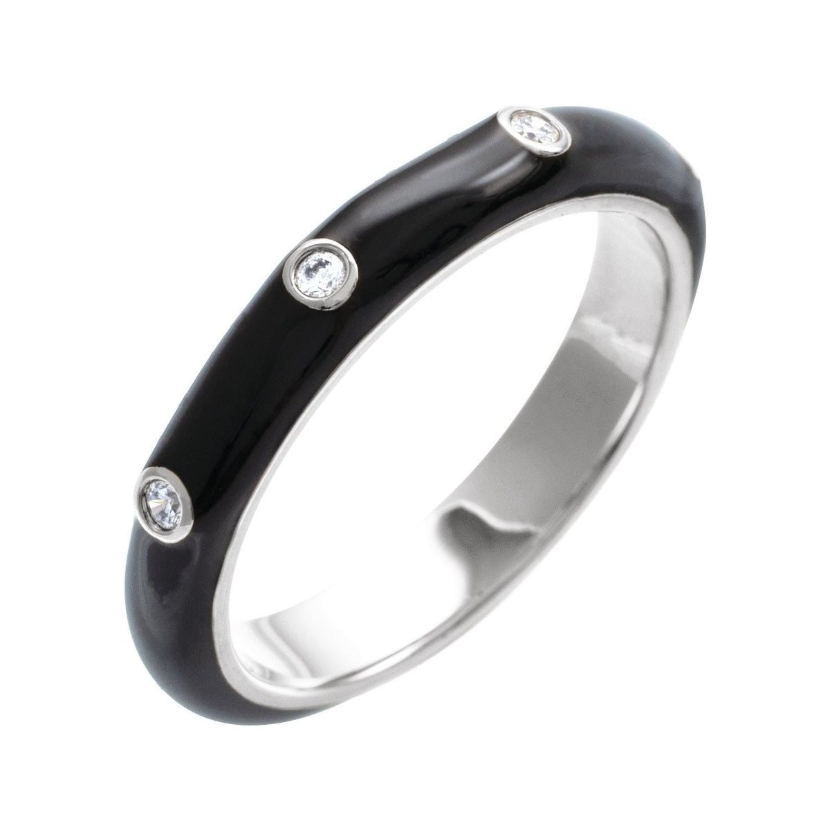Sapphire Row Natural Diamond Black & White Enamel Ring - 14K White Gold, Black