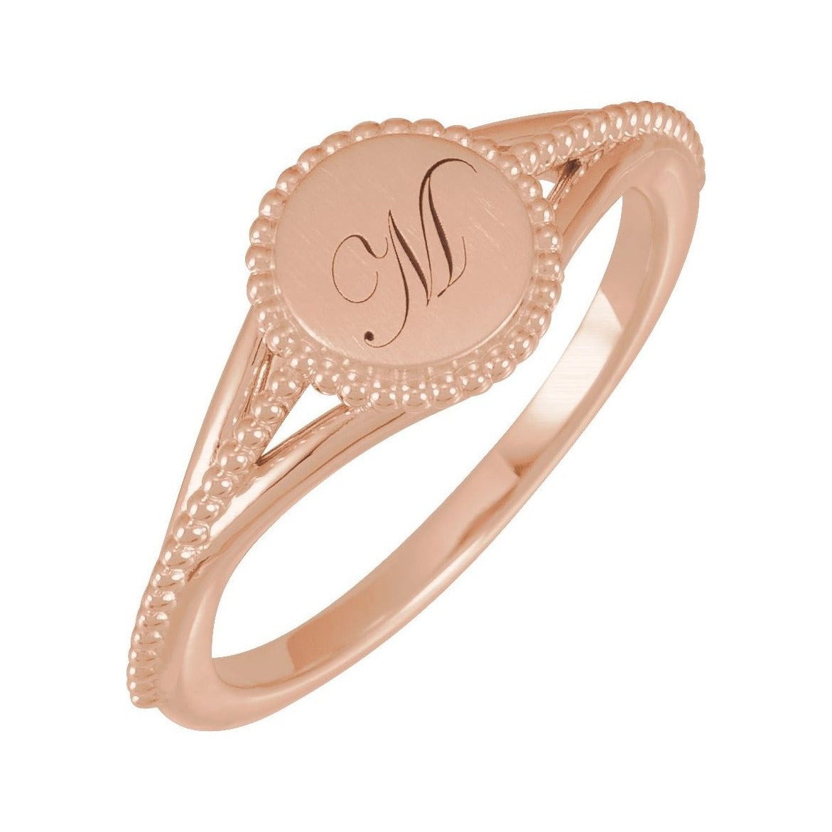 Sapphire Row Engravable Beaded Signet Ring - 14K Rose Gold (view 8)