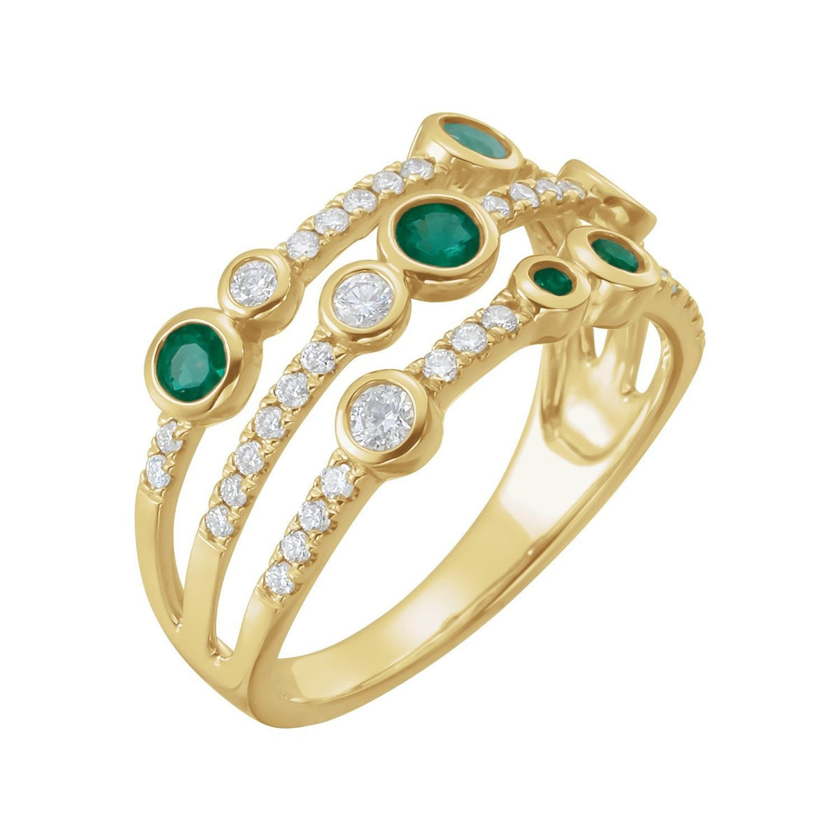 Sapphire Row Natural Gemstone Bubble Bezel Multi-Row Ring - Emerald, 14K Yellow Gold