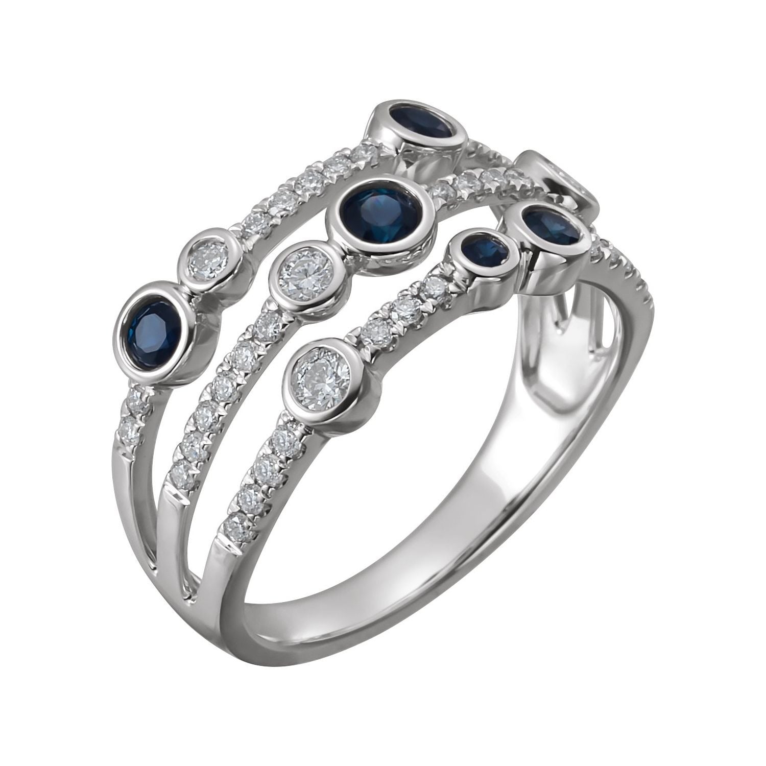 Sapphire Row Natural Gemstone Bubble Bezel Multi-Row Ring - Blue Sapphire, 14K White Gold