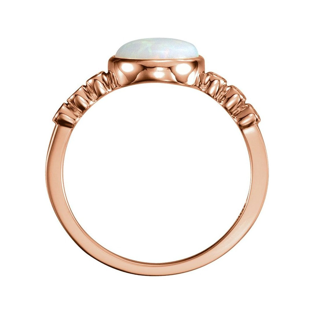 Sapphire Row Natural White Opal Bezel & Diamond Station Ring - 14K Rose Gold (view 2)