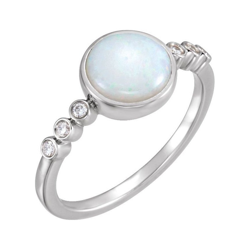 Sapphire Row Natural White Opal Bezel & Diamond Station Ring - 14K White Gold