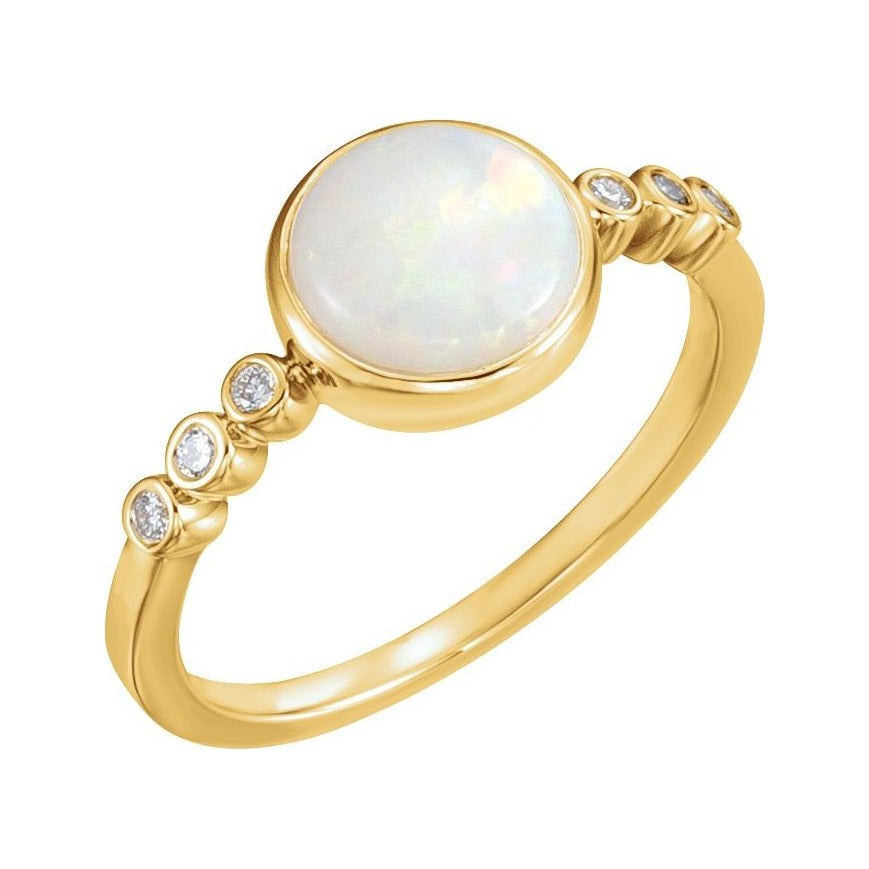Sapphire Row Natural White Opal Bezel & Diamond Station Ring - 14K Yellow Gold