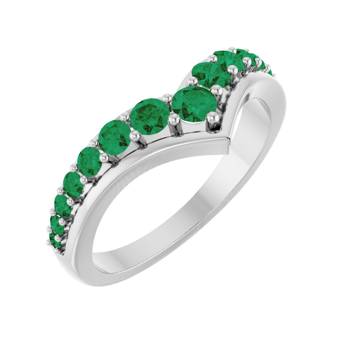 Sapphire Row Lab-Grown Gemstone Graduated V Ring - Emerald, 14K White Gold