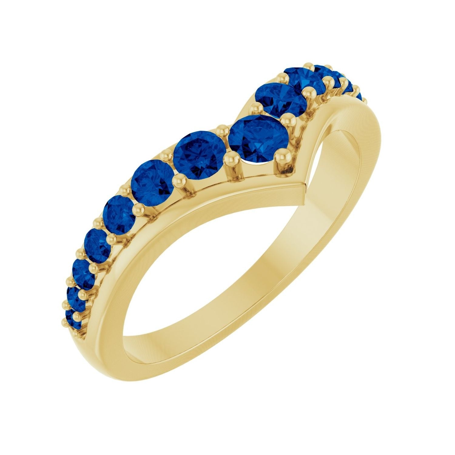 Sapphire Row Lab-Grown Gemstone Graduated V Ring - Blue Sapphire, 14K Yellow Gold