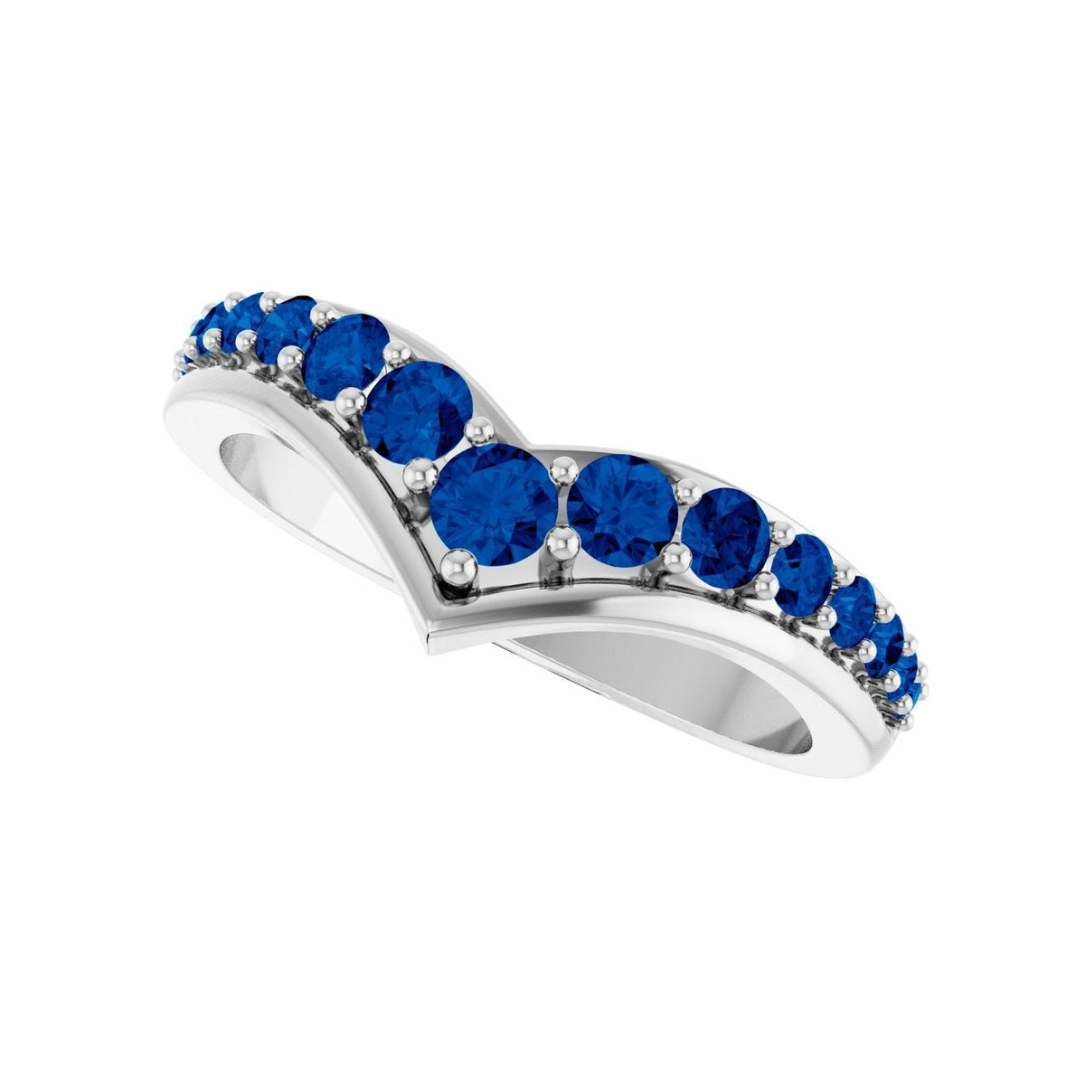 Sapphire Row Natural Gemstone Graduated V Ring - Blue Sapphire, Platinum (view 5)