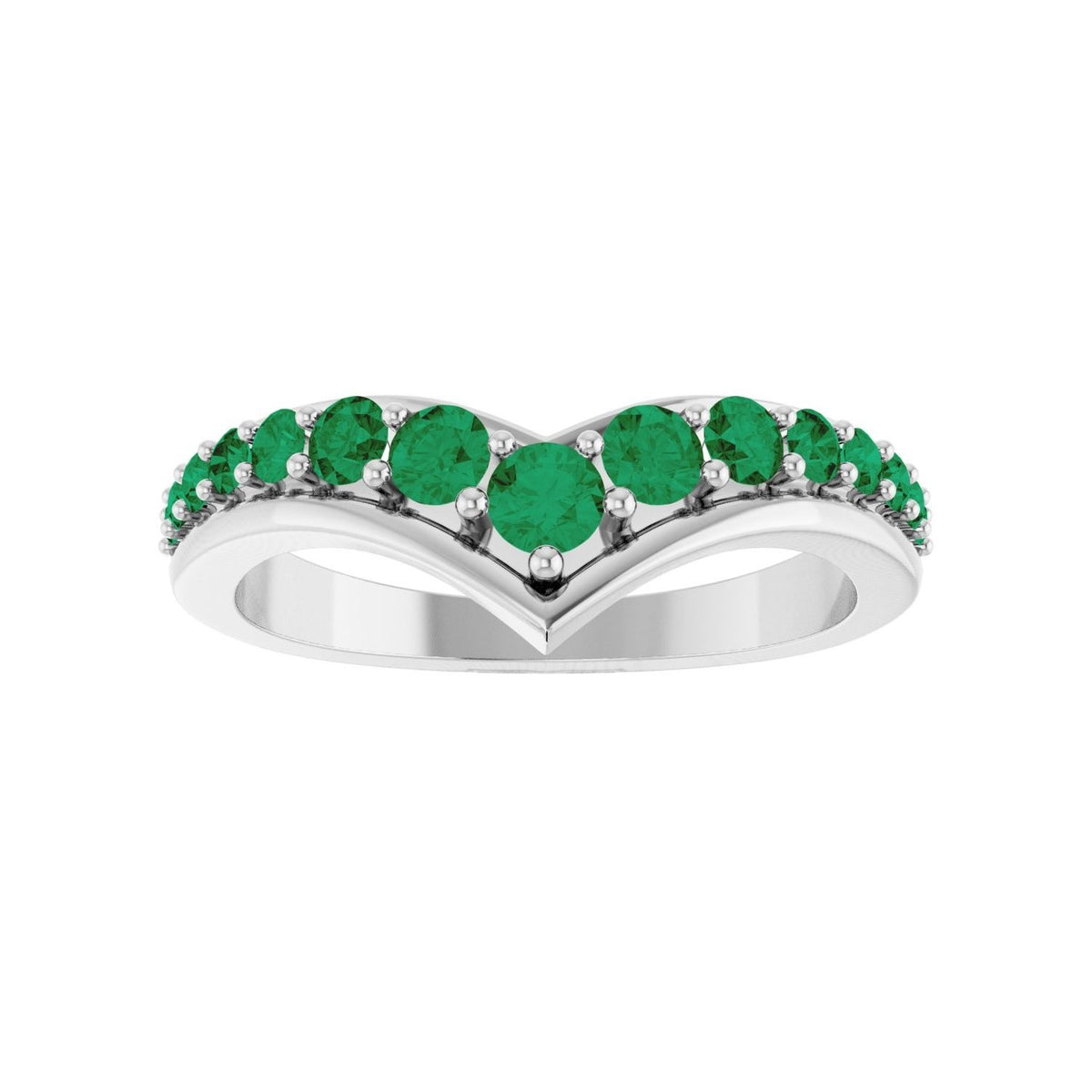 Sapphire Row Natural Gemstone Graduated V Ring - Emerald, 14K White Gold (view 3)