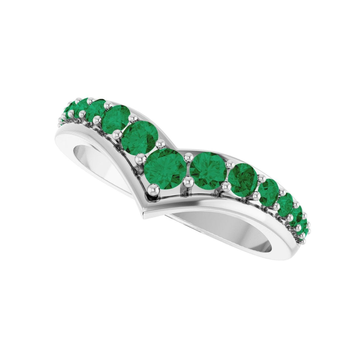 Sapphire Row Natural Gemstone Graduated V Ring - Emerald, 14K White Gold (view 5)