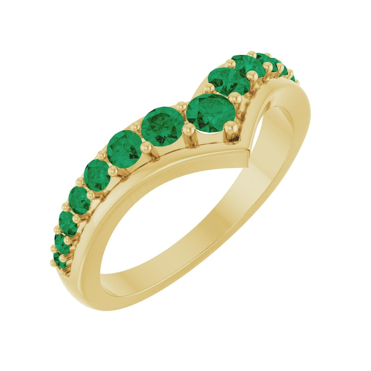 Sapphire Row Natural Gemstone Graduated V Ring - Emerald, 14K Yellow Gold