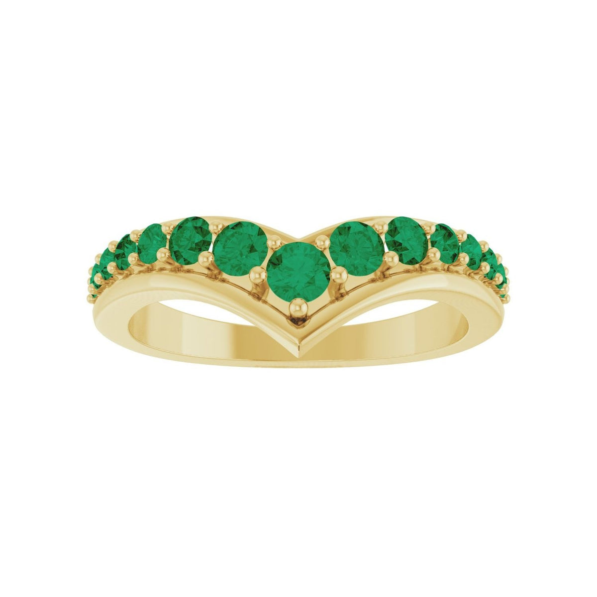 Sapphire Row Natural Gemstone Graduated V Ring - Emerald, 14K Yellow Gold (view 3)