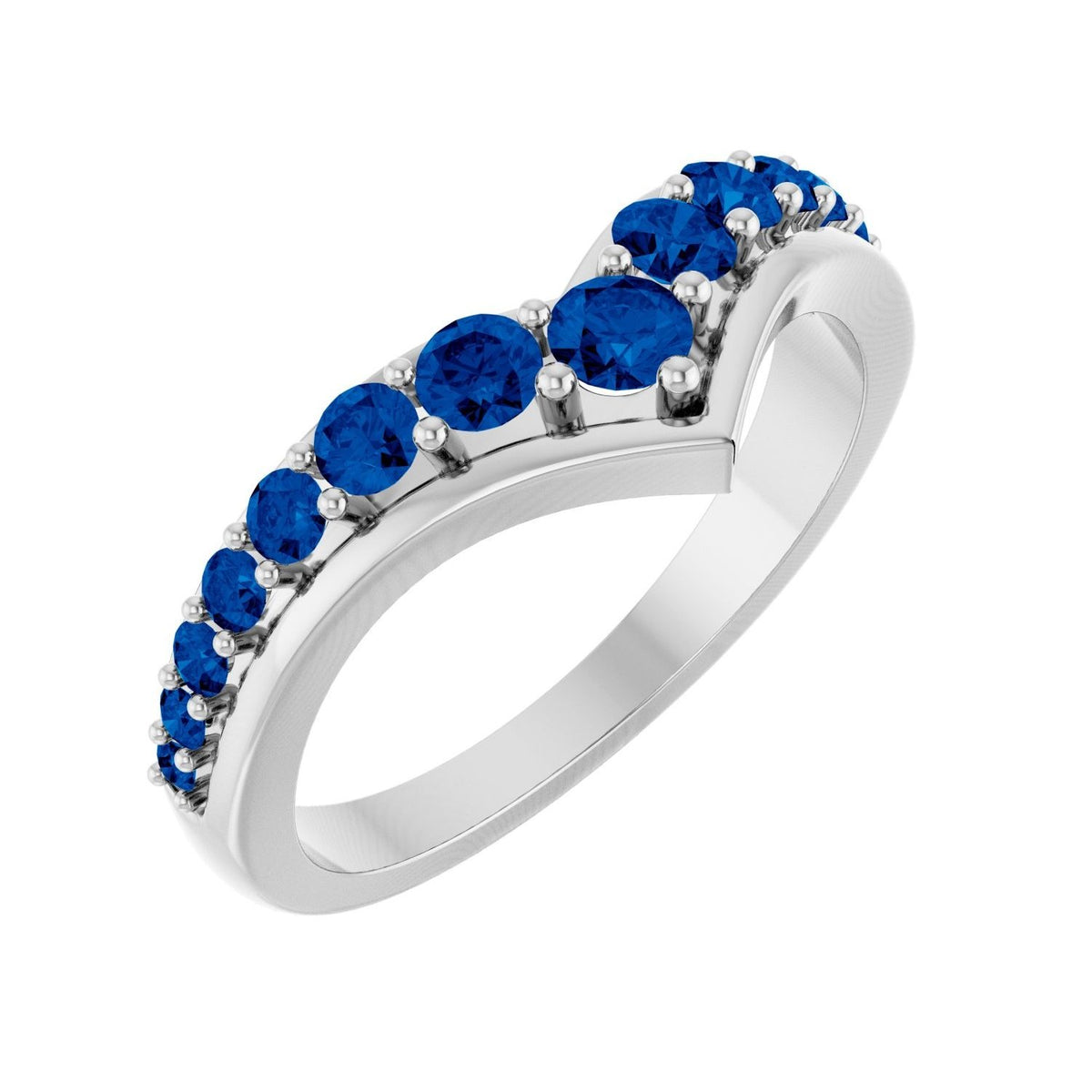 Sapphire Row Natural Gemstone Graduated V Ring - Blue Sapphire, 14K White Gold