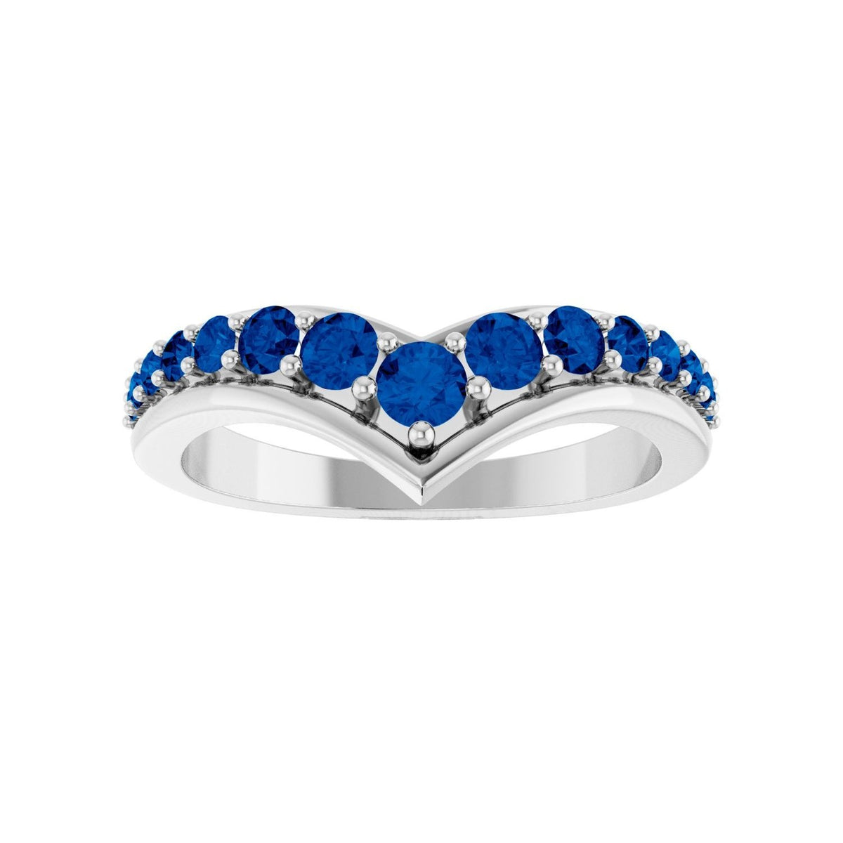 Sapphire Row Natural Gemstone Graduated V Ring - Blue Sapphire, 14K White Gold (view 3)