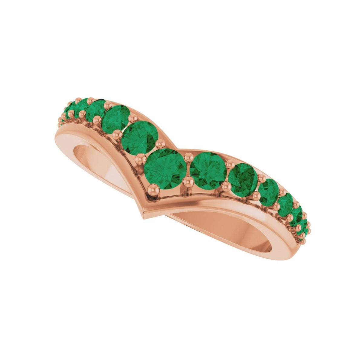 Sapphire Row Natural Gemstone Graduated V Ring - Emerald, 14K Rose Gold (view 5)