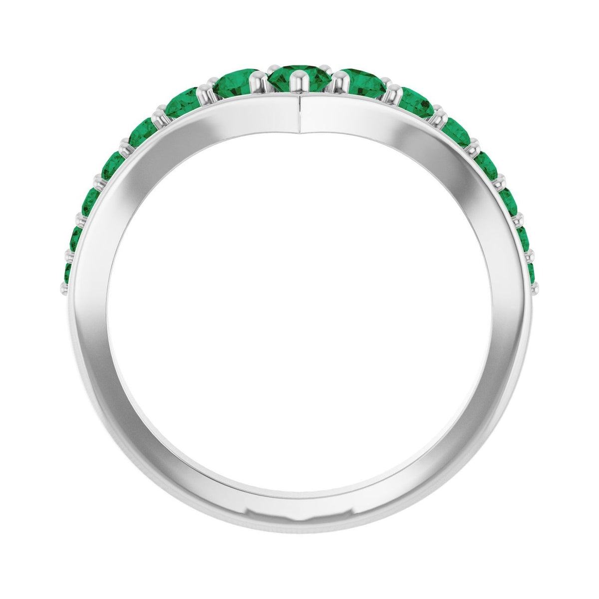 Sapphire Row Natural Gemstone Graduated V Ring - Emerald, Platinum (view 2)