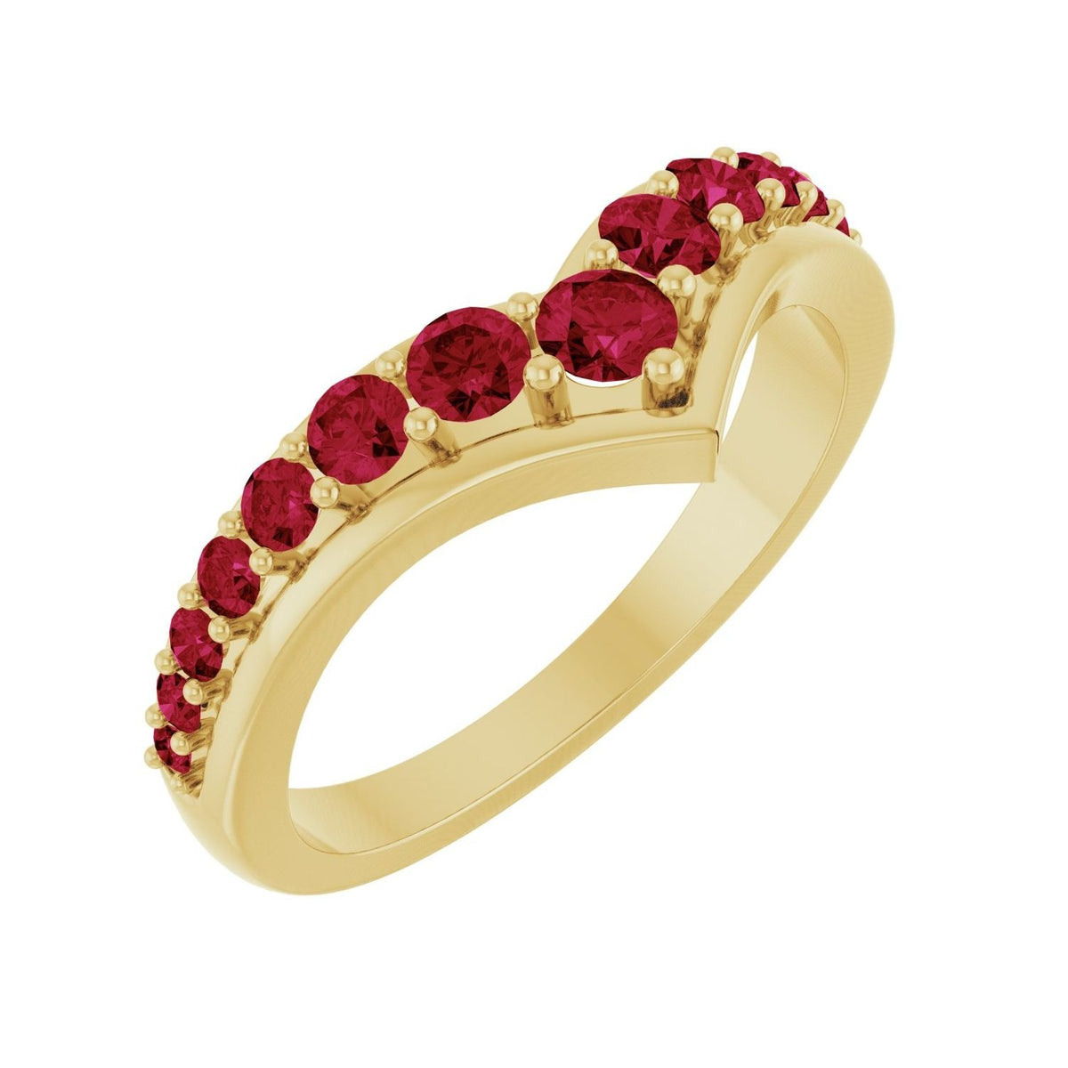 Sapphire Row Natural Gemstone Graduated V Ring - Ruby, 14K Yellow Gold