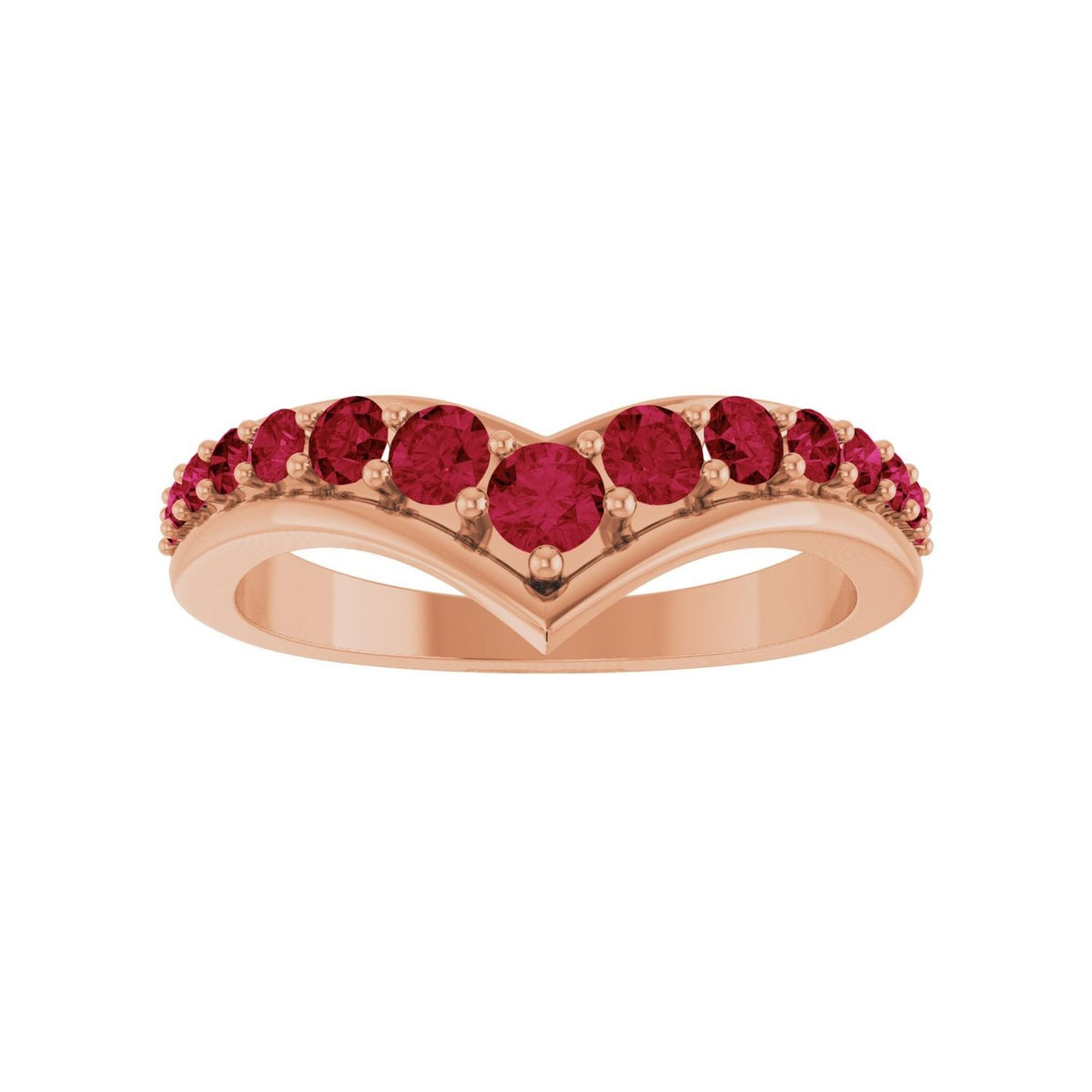 Sapphire Row Natural Gemstone Graduated V Ring - Ruby, 14K Rose Gold (view 3)