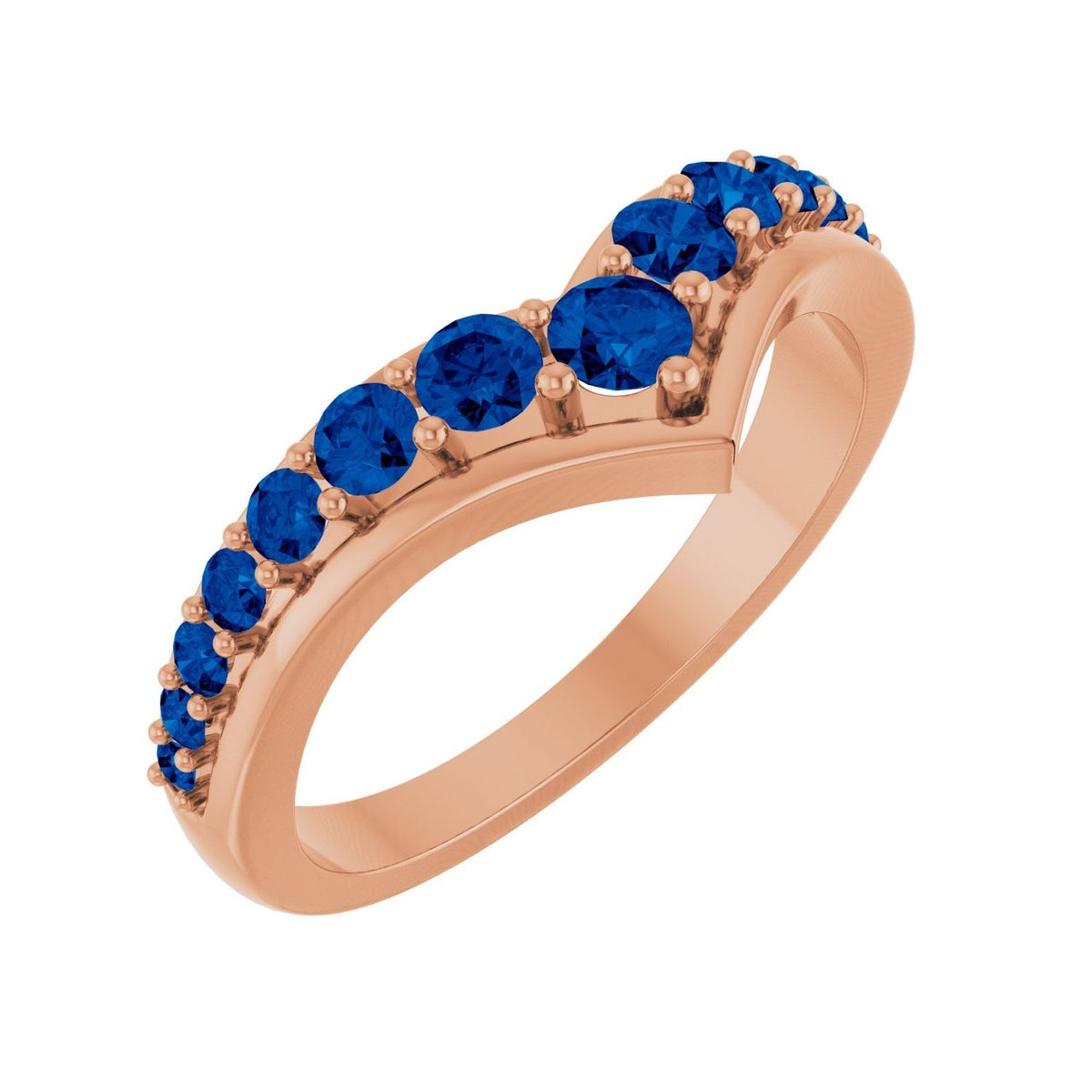 Sapphire Row Natural Gemstone Graduated V Ring - Blue Sapphire, 14K Rose Gold