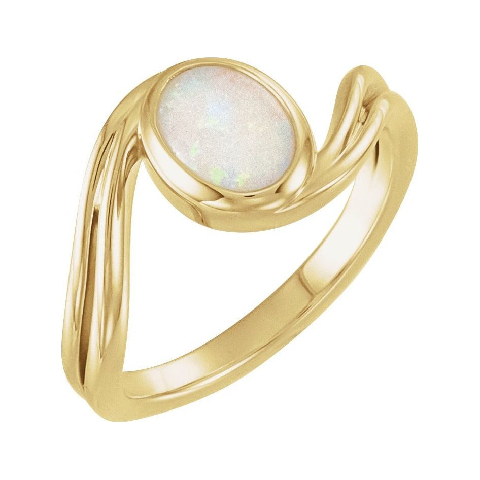 Sapphire Row Natural Gemstone Cabochon Bypass Ring - White Opal, 14K Yellow Gold