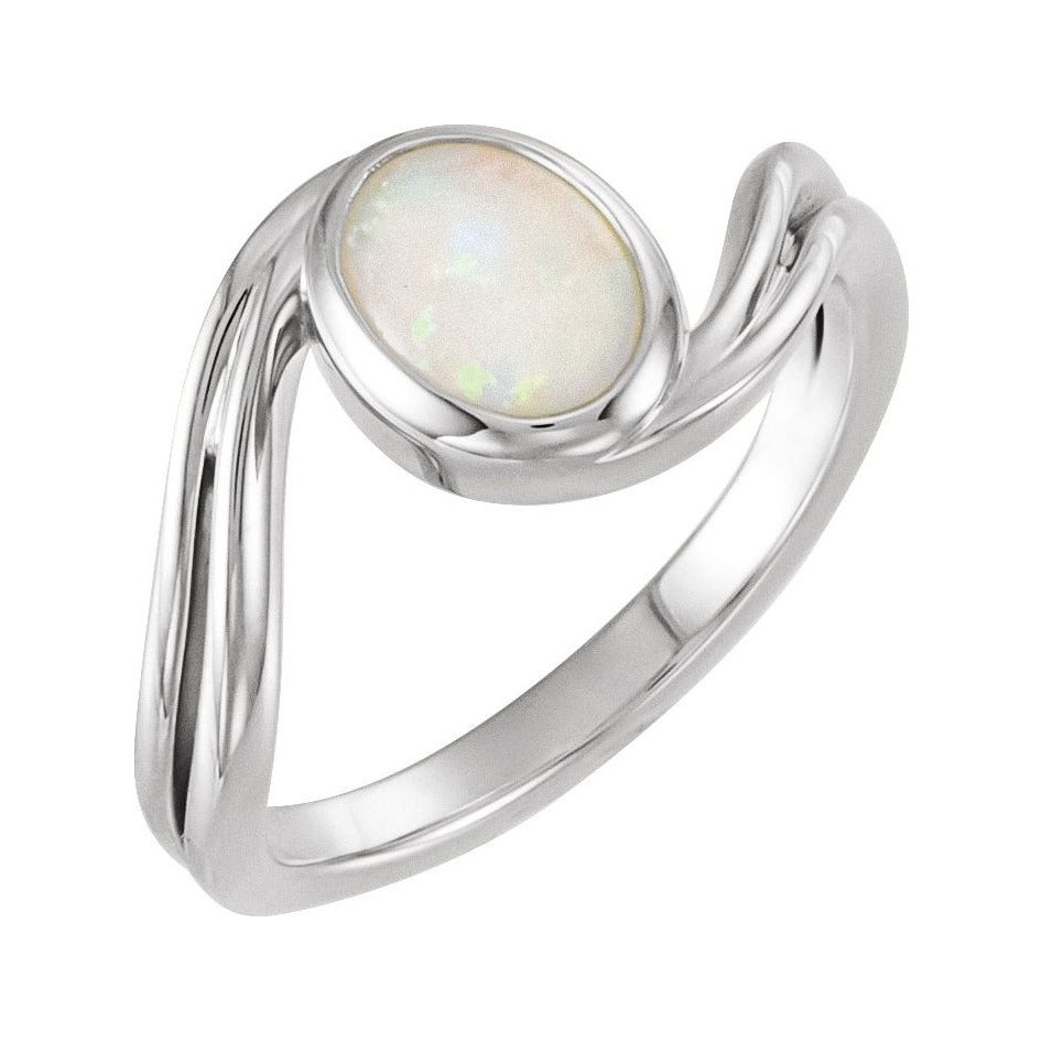 Sapphire Row Natural Gemstone Cabochon Bypass Ring - White Opal, 14K White Gold