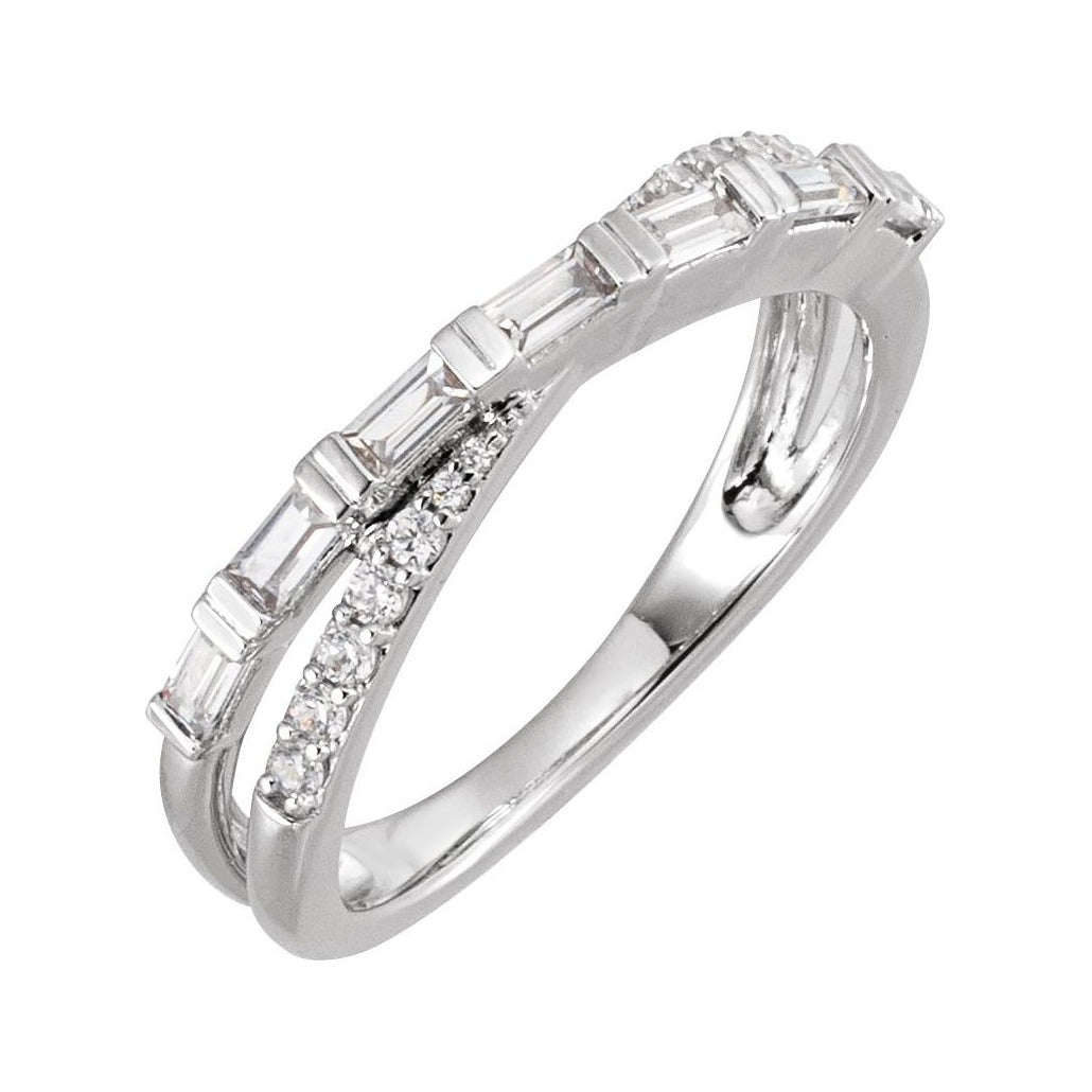 Sapphire Row Natural Diamond Baguette Crisscross Ring - 14K White Gold