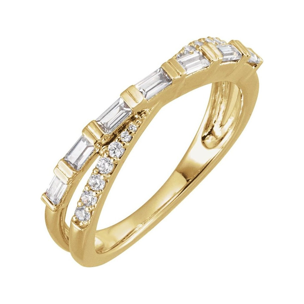 Sapphire Row Natural Diamond Baguette Crisscross Ring - 14K Yellow Gold