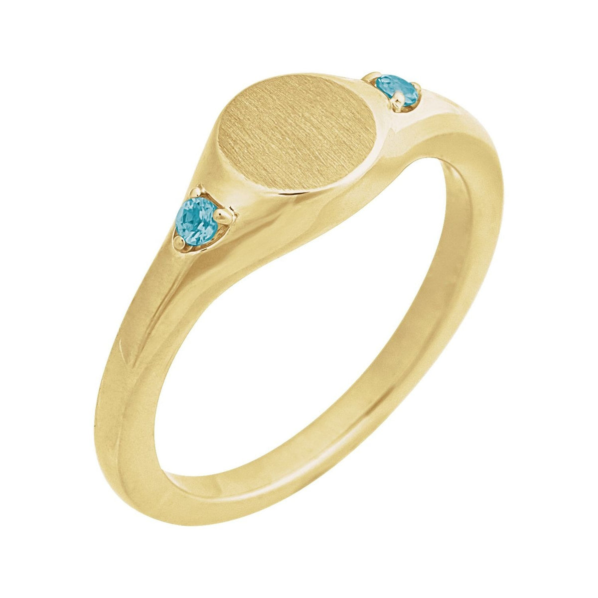 Sapphire Row Engravable Natural Gemstone Accented Signet Ring - Blue Zircon, 14K Yellow Gold